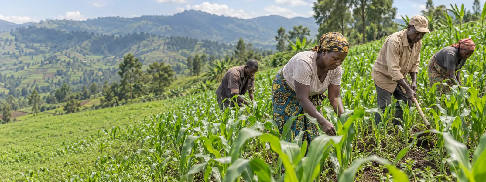 Ishusho rusange y'abaturage bo mu cyaro cy'u Rwanda bahinga ibigori ku murima w'icyatsi